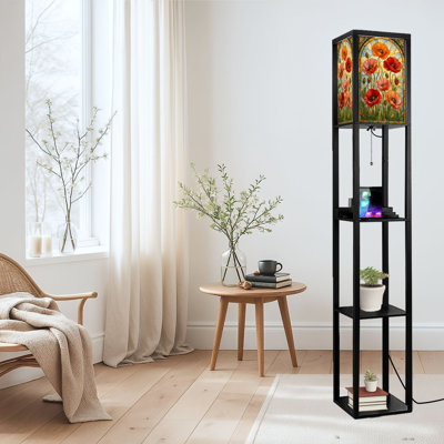 Dimmable LED Standing Floor Lamp Stained Glass Print Window Vibrant Red Orange Floral Design, MDF Frame Floor Lamp with Remote Control, 3 Color Light, for Living Room Bedroom