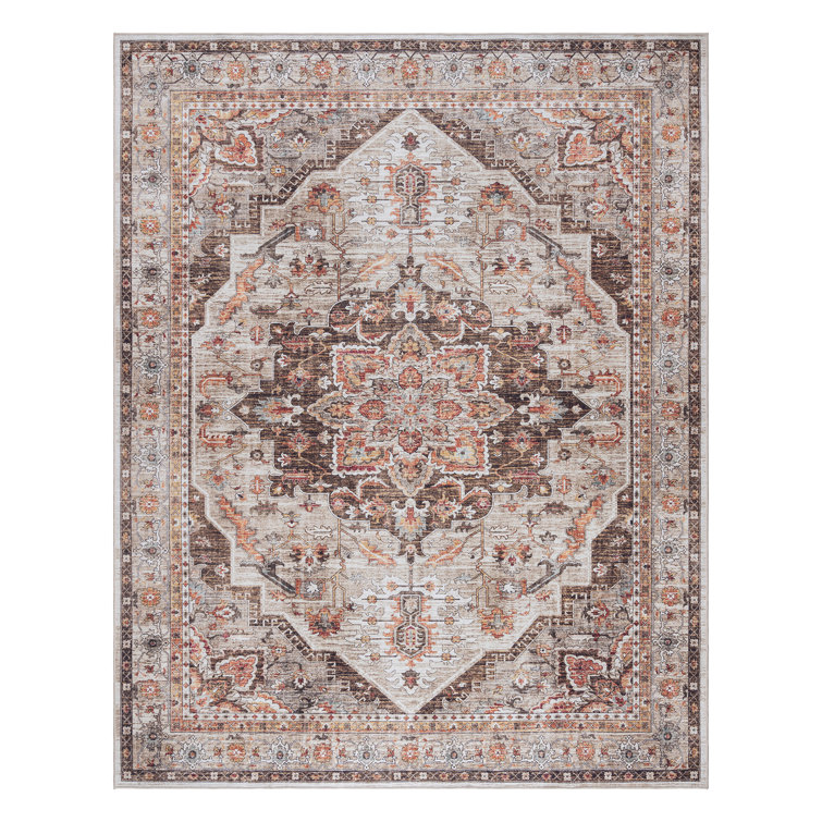  Samira Tiefi Brown Tan Ivory Machine Washable Traditional Medallion Indoor Area Rug, Flat Pile for Living Room & Bedroom
