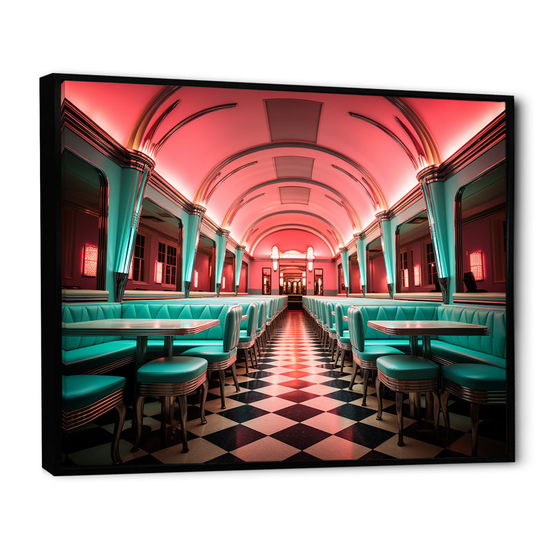 «Pink Nostalgic Tunes Fast Food 1960S Diner - Jukeboxes», art mural, Cadre flottant noir, H 30 po x l 40 po x P 1,5 po