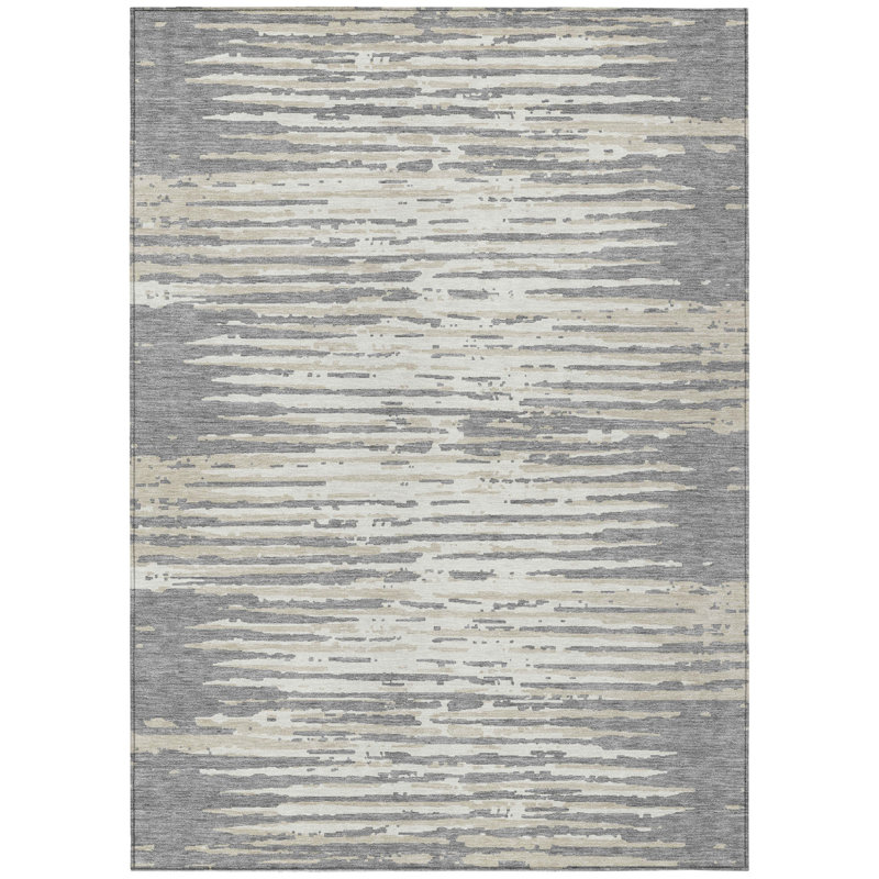 3' X 5' Gray And Ivory Striped Washable Indoor Outdoor Area Rug