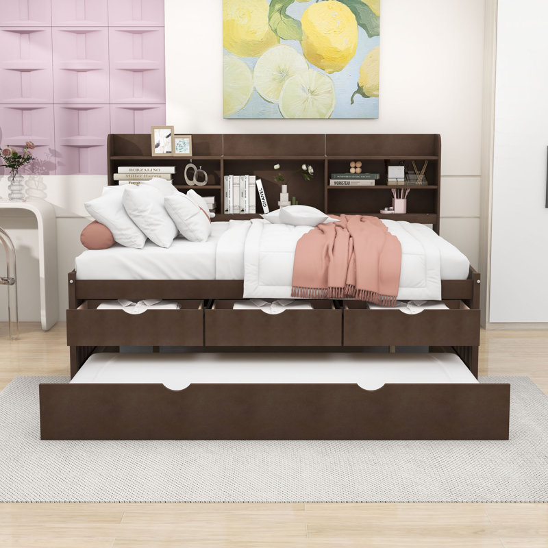 Full Size Wooden Daybed with Built-in Bookshelves, Storage Drawers, Twin Trundle, Antique Brown