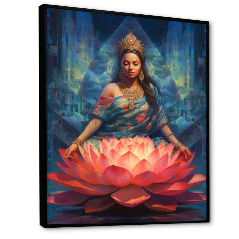 Bleu, bleu, yoga, lotus, femme, H 32 po x l 16 po, Cadre flottant noir