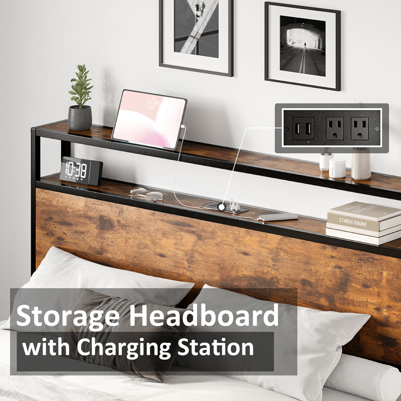 King Size Platform Bed Frame With 2-tier Storage Headboard/ Charging Station,Rustic Brown, Rustic Brown, King