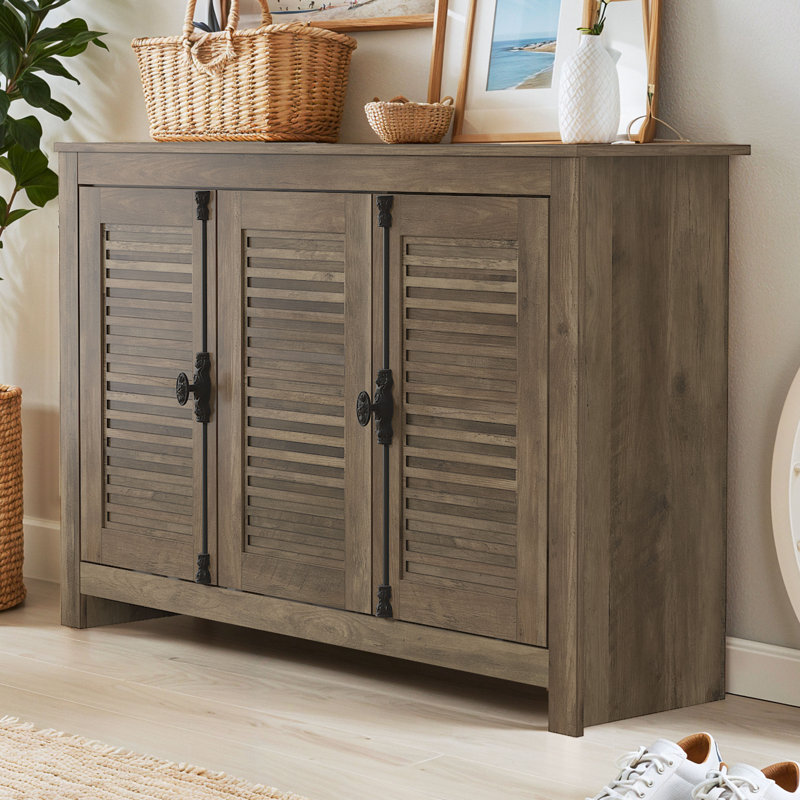 Malyha Farmhouse Louvered 3 Door Shoe Cabinet, Knotty Oak