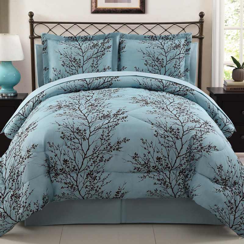 King Blue and Chocolate Floral Microfiber Bed in a Bag Set