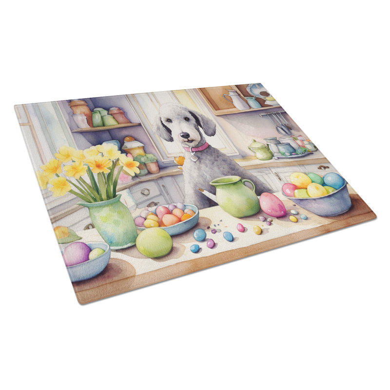 Decorating Easter Bedlington Terrier Glass Cutting Board