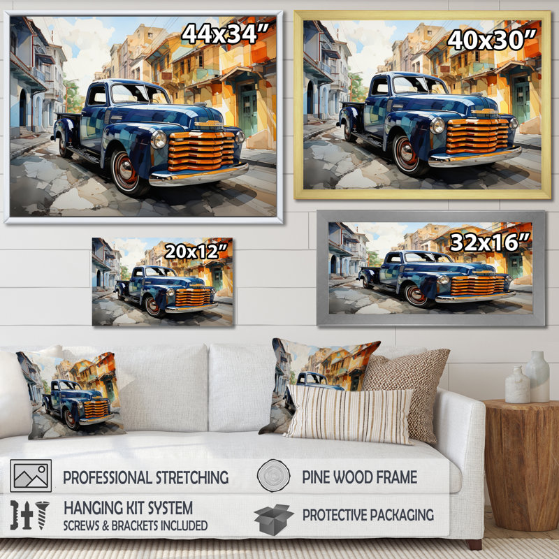 Orange Blue Pickup Truck Bold Contours II - Transportation Canvas Prints, Cadre flottant doré, H 16 po x l 32 po x P 1 po