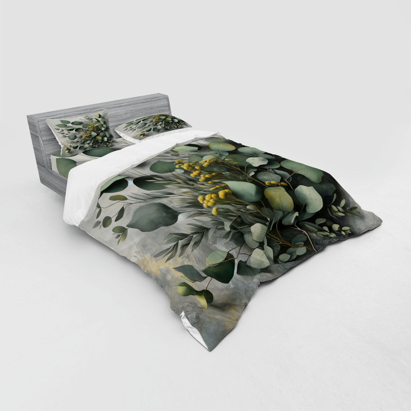 Ensemble de literie à feuilles d'eucalyptus Ambesonne et moutarde et vert réséda