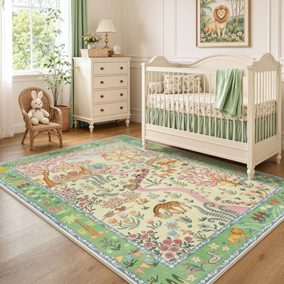 Tapis lavable à motif floral de style zoo, tapis de chambre d'enfant mignon et doux, tapis d'intérieur antidérapant à poils courts