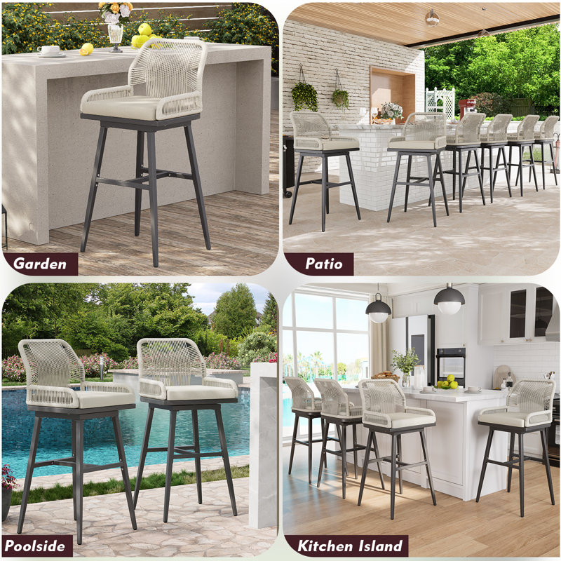 Bar Stools Set Of 2, Rattan Counter Height Bar Stools, Swivel Patio Barstools With Boho Woven Rope Back For Kitchen Patio Garden Cushions Included,