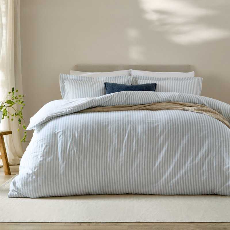 Hebden Cotton Striped Duvet Cover Set, Blue, Double Duvet Cover Set + 2 Pillowcases 