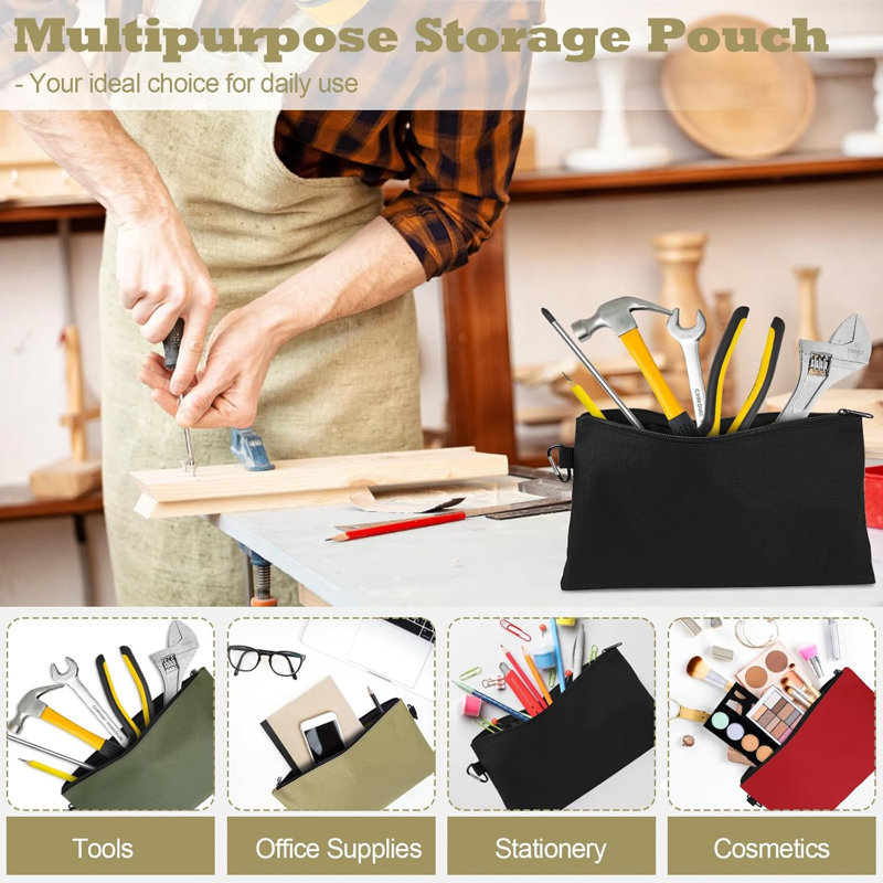 Pochette à outils imperméable en polyester 600D, paquet de 4, sac à fermeture à glissière 12,5 x 7 po avec mousqueton pour le rangement et l'organisation des outils