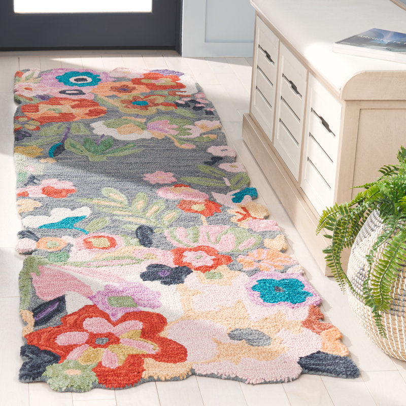Floral rug wool/cotton hand tufted Garden in Gray/Pink, Runner 2'3" x 8'