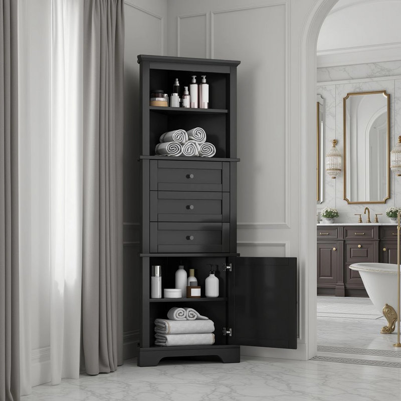 Traditional Tall Corner Cabinet, 68.9"H Freestanding Storage Unit With 3 Drawers & Adjustable Shelves, Black