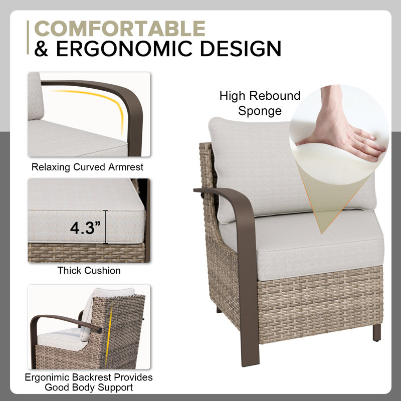2-Piece Patio Wicker Sectional Seating Group Sofa, Metal Curved Armrest, Beige