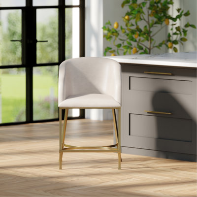 Tabouret de comptoir moderne de 26 po avec cadre en similicuir blanc et acier doré, idéal pour un îlot de cuisine ou un bar, choisissez une hauteur de siège de 31 po, une assise confortable avec un rembourrage en mousse à dossier incurvé, fonctionnelle