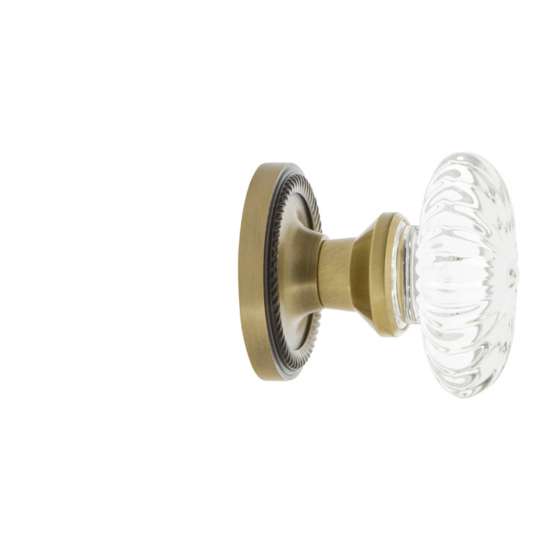Rope Rosette with Oval Fluted Crystal Door Knob, Antique Brass, 2-3/4”
