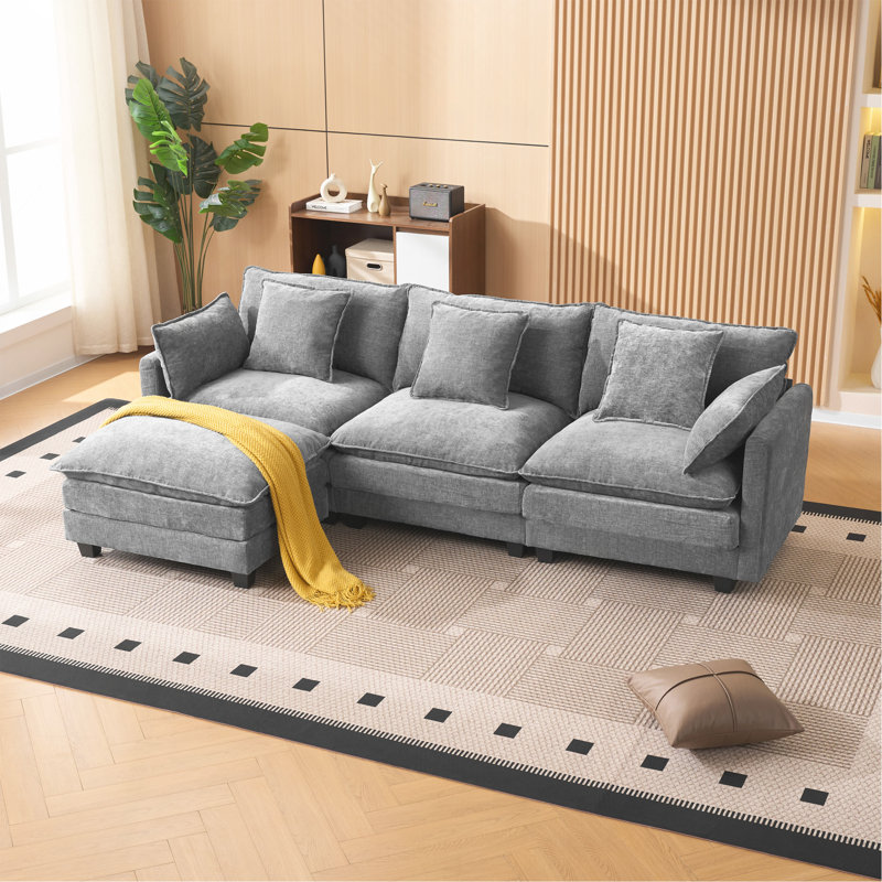 Canapé gris à 3 places avec repose-pieds avec rangement pour le salon, la chambre à coucher et la chambre compacte, canapé modulaire rembourré, banc en L avec repose-pieds