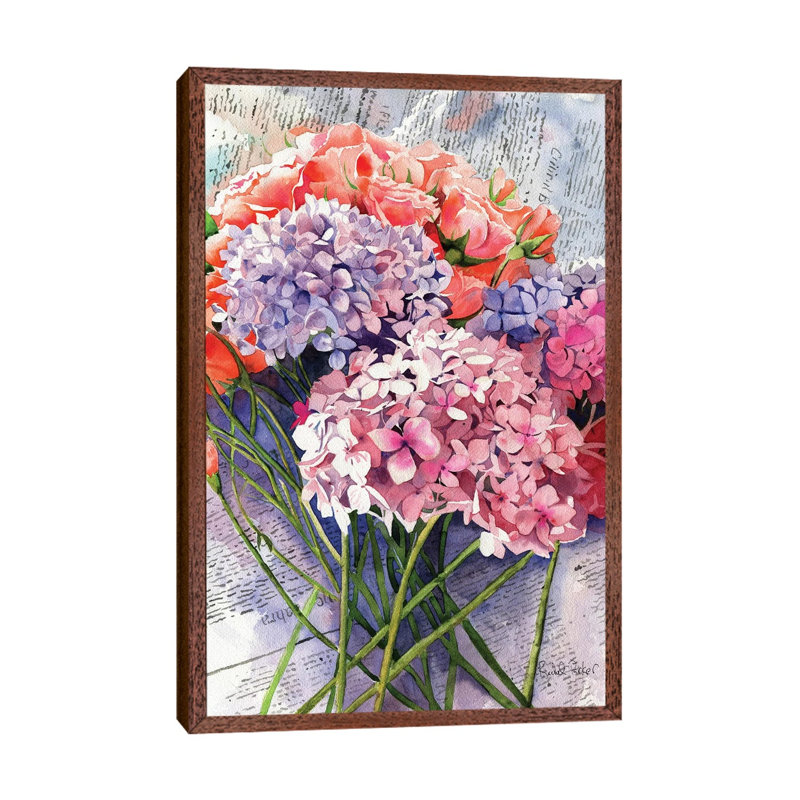 Sunday Hydrangeas by Rachel Parker - Painting on Canvas, 66.04cm H x 45.72cm W x 3.81cm D, Classic Brown Wood Framed