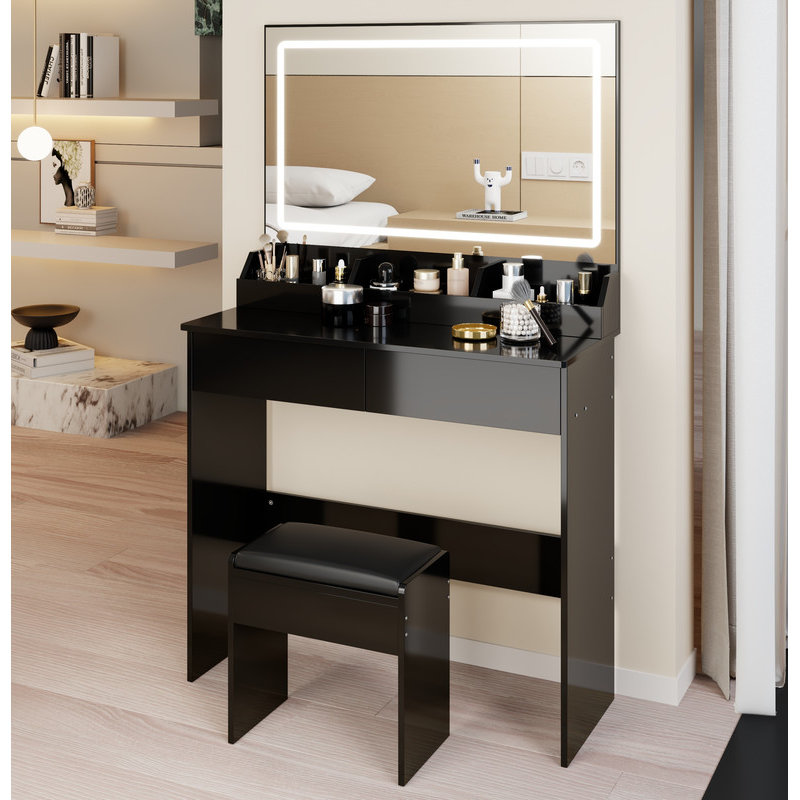 31" x 20" Extra Large LED Mirror Makeup Vanity Table + Soft Cushion Stool Suit, Touch Switch, 3 colors, Adjustable Brightness, Large Capacity Storage, Compact Dressing Table Suitable For Small Space