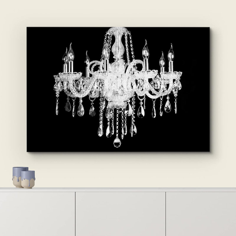«Ornate Black & White Chandelier Silhouette Decor Lights Modern Art», reproduction d'art sur toile, Toile tendue