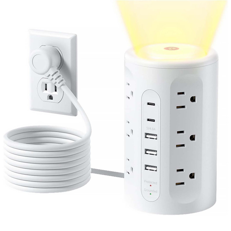 Tour multiprise avec veilleuse, 12 prises CA + 3 USB + 2 USB-C, rallonge de 10 pieds pour la maison, le bureau, le dortoir