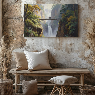 «Misty Waterfall Bridge Canvasserene Forest Gorge Landscape», art mural sur toile