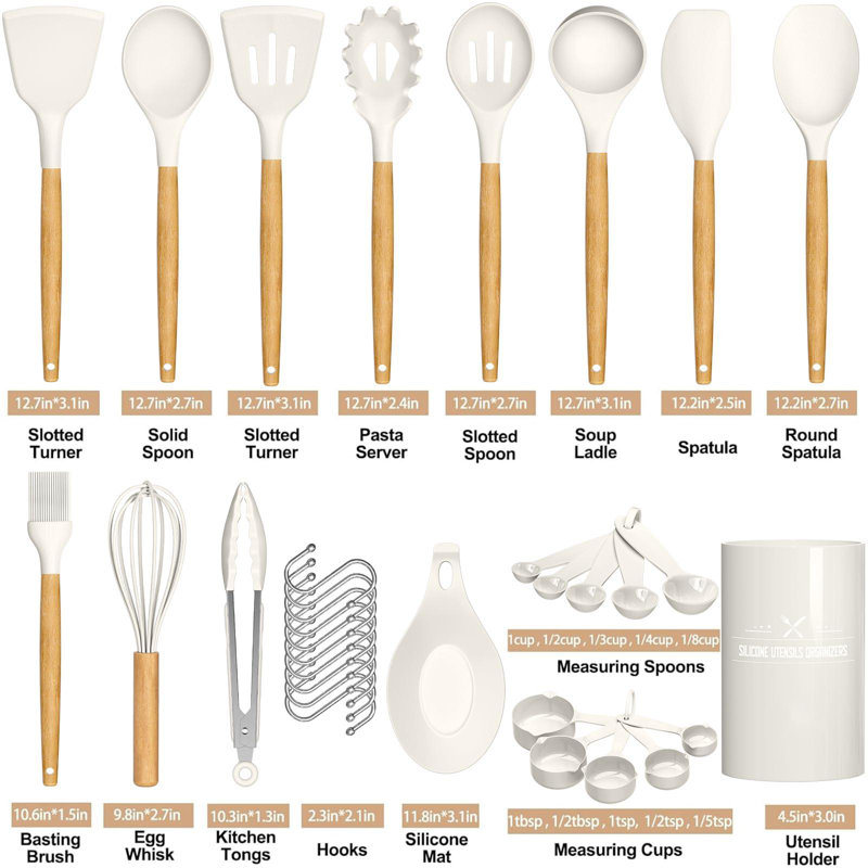Cream White 33-Piece Silicone and Wood Cooking Utensil Set