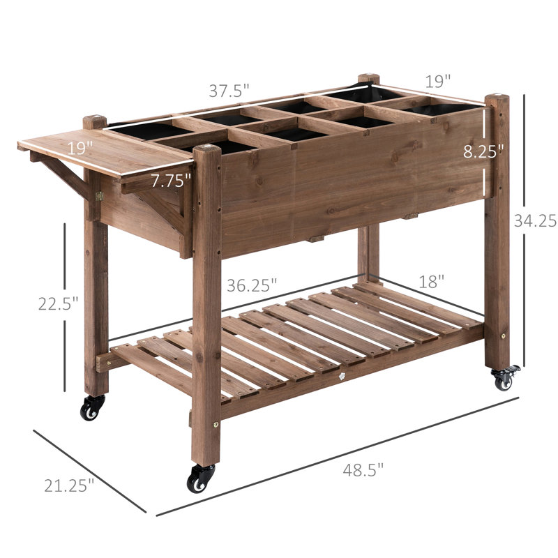 Lit de jardin en bois avec table pliante et rangement inférieur, bac à plantes surélevé, 49 po x 21 po x 34 po, pour légumes, herbes, fleurs, support de boîte extérieur brun 8 grilles, table d'appoint à roulettes,