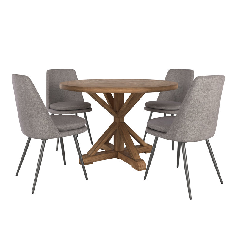 Ceri Rustic X-Base 48" Round Dining Table Set - Table And 4 Dark Gray Velvet Chairs, Brown