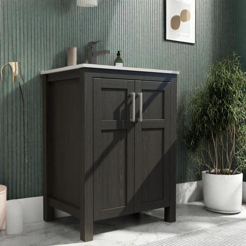 Meuble-lavabo moderne noir avec lavabo en céramique, solution de rangement compacte