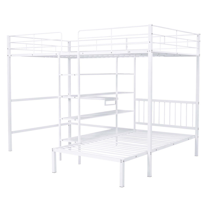 Lit superposé en métal avec bureau intégré, tablettes et échelle, Blanc