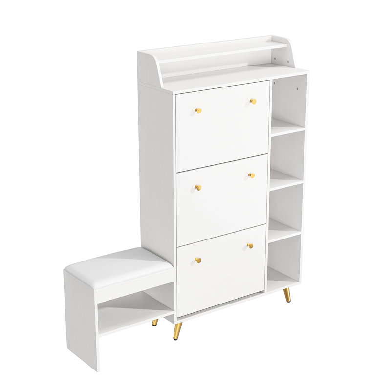 57" Modern Narrow Hidden Shoe Storage Cabinet Organizer With Bench For Entryway With 3 Flip Drawer, White