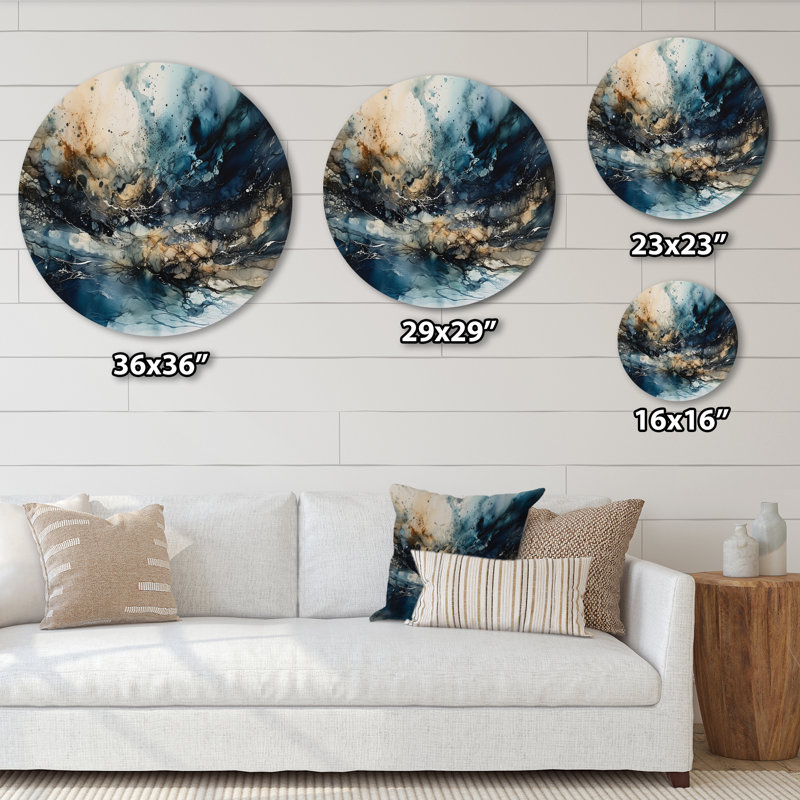 «Blue and the Essence Of Nature I» - peinture abstraite ronde, art mural en métal, H 29 po x l 29 po x P 1 po