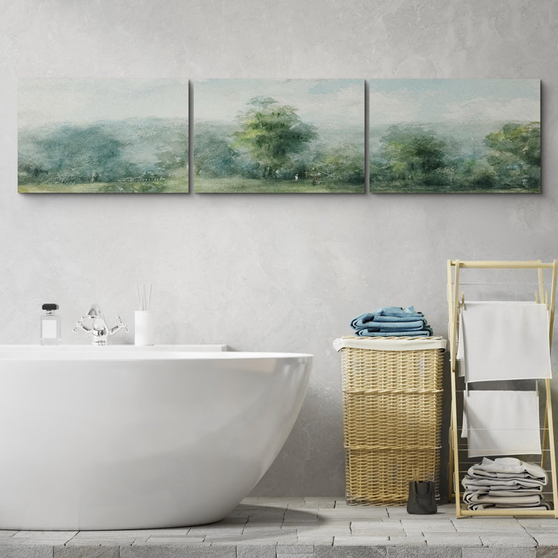 Paysage rustique vert verdoyant, campagne, paysage, illustrations 3 - pièces, Toile tendue, H 16 po x l 24 po