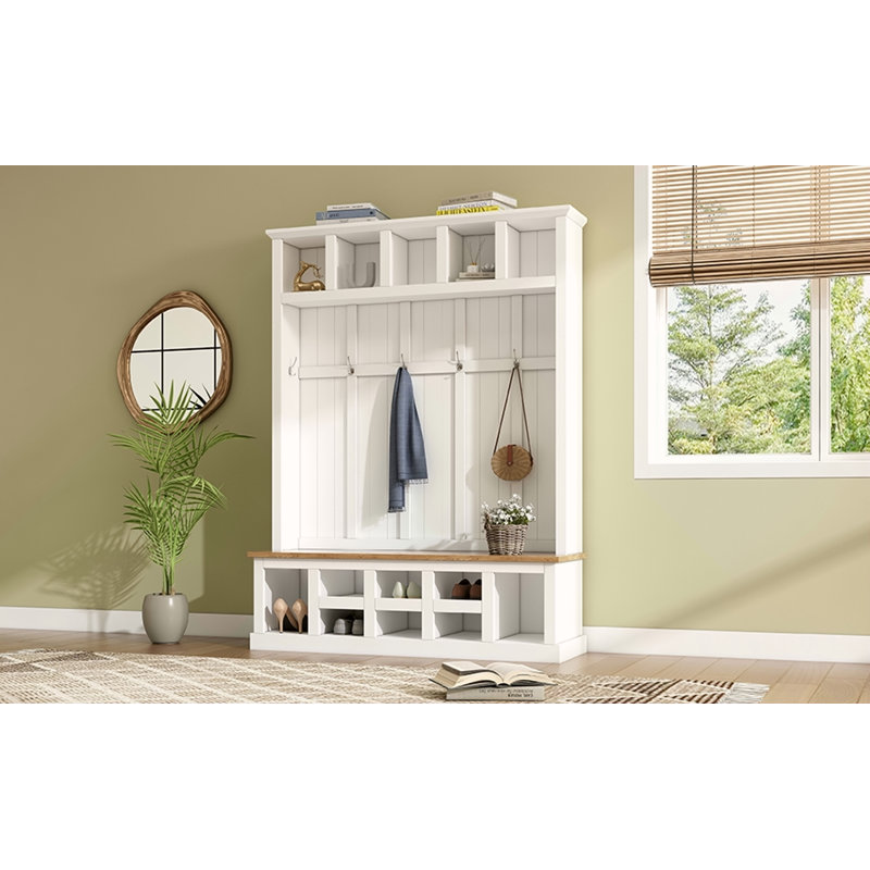Farmhouse Wooden Style 78''H Modern Hall Tree with Wide Storage Seating Bench, Entryway Shoe Cabinet with 13 Compartments