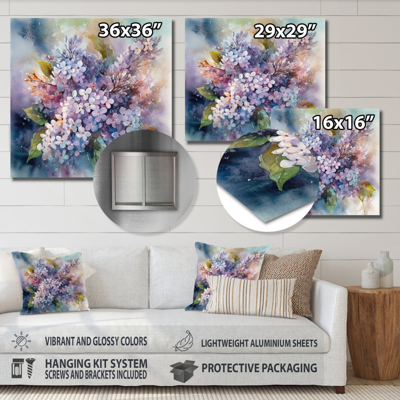 Décoration murale en métal mauve et vert lilas IV - lilas floraux, H 16 po x l 16 po x P 1 po