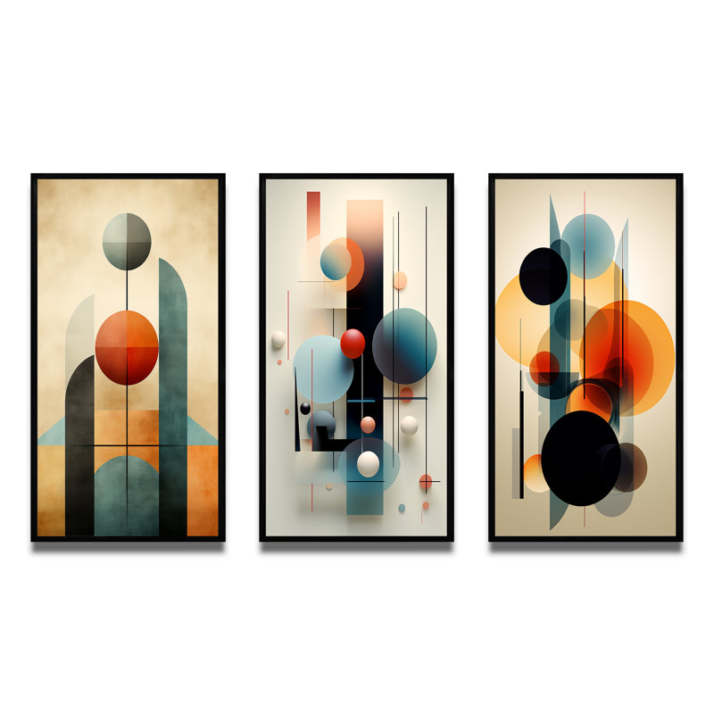 "Géométrie circulaire rétro en orange et bleu II", 3 pièces sur toile, Cadre flottant noir, H 40 po x l 60 po