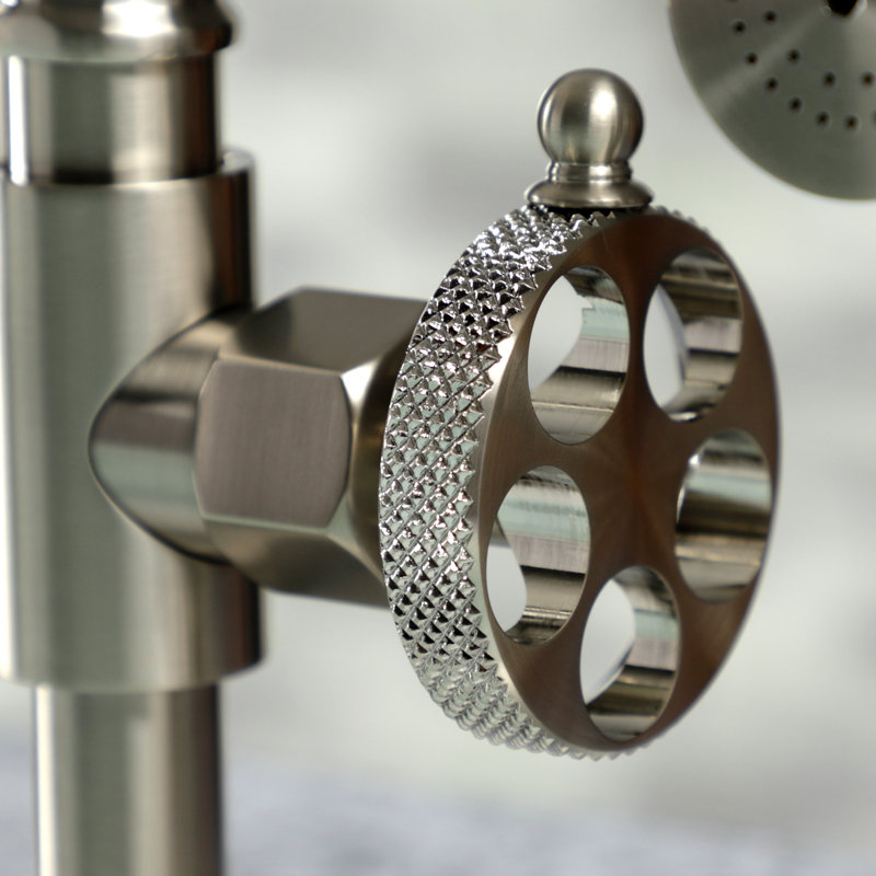 Kingston Brass Webb Two-Handle 4-Hole Deck Mount Bridge Kitchen Faucet with Knurled Handle and Side Sprayer, Brushed Nickel