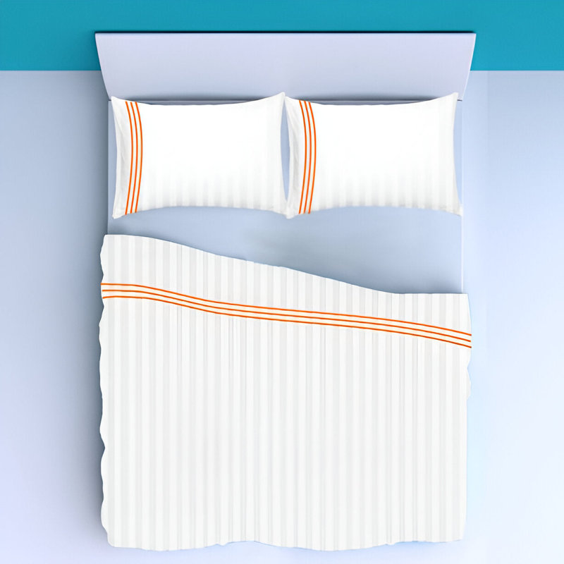 400TC Triple Embroidery Sateen Stripe Cotton 4 Piece Sheet Set Fitted Sheet Fits Upto 16" Deep Pocket, Orange Border
