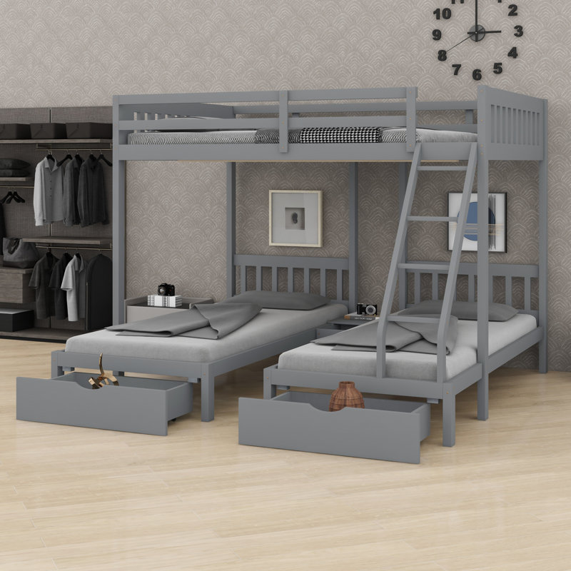 Lit superposé triple en bois avec tiroirs et garde-corps peu encombrants, Gris