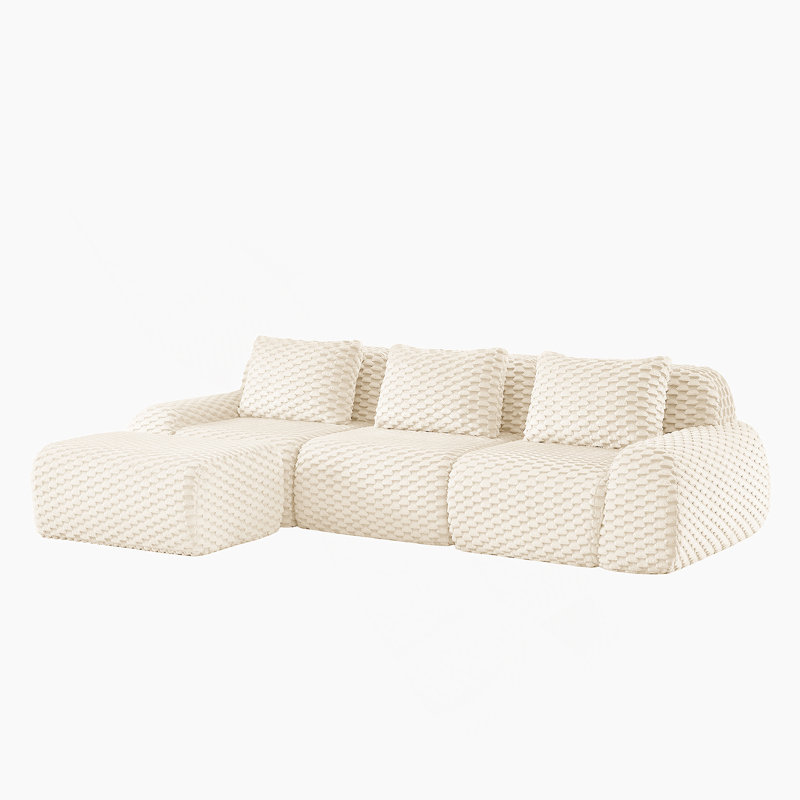 Canapé modulaire en L 114 po pour salon modulaire de 114 po, tissu en flanelle, canapé 3 places surdimensionné, siège profond, canapé sans os, repose-pieds mobile, connexion à boucle, conception antidérapante, sans assemblage, crème