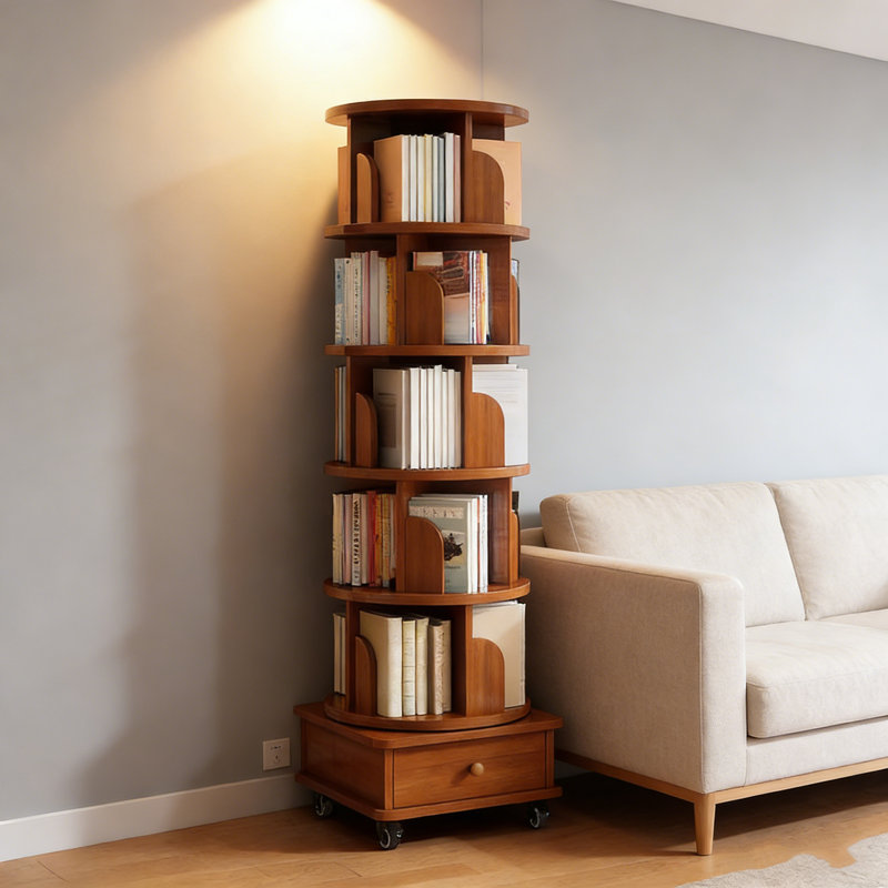 360° Rotating 6-Tier Corner Bookshelf With Wheels, Narrow Wooden Storage Rack For Small Spaces, Multi-Scene Use For Bedroom, Living Room & Study