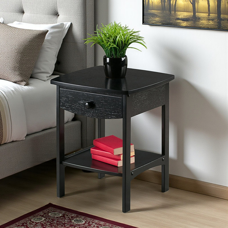 Table de chevet courbée noire Marlowe avec 1 tiroir, H 21,87 po x l 17,87 po x P 17,96 po, Noir, noir, noir, noir