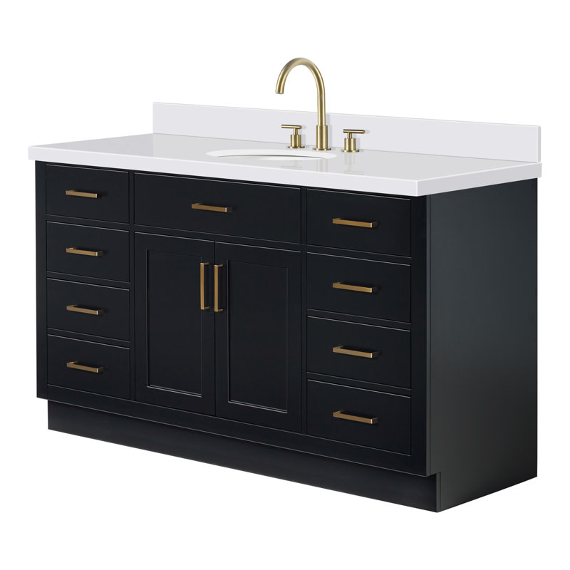 Tidworth Solid Wood Single Bathroom Vanity with 1.5'' White Quartz Top, Black, Oval