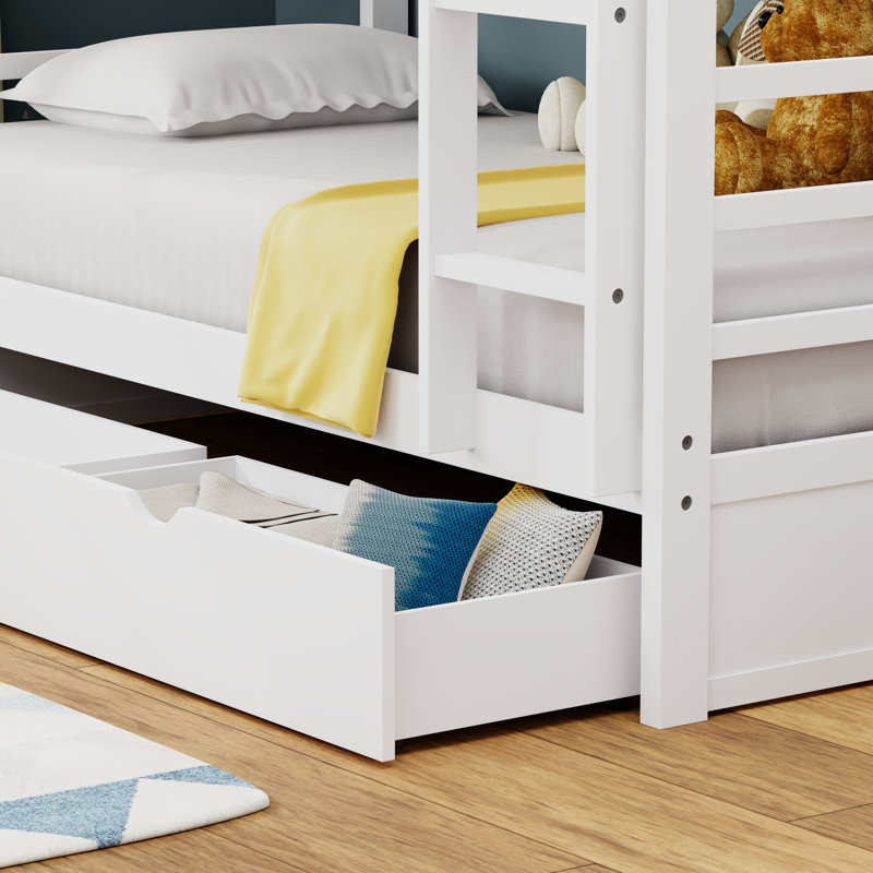 Klaus Solid Wood Twin Over Full Bunk Bed, Hanging Nightstand, and Underbed Storage Drawers, White