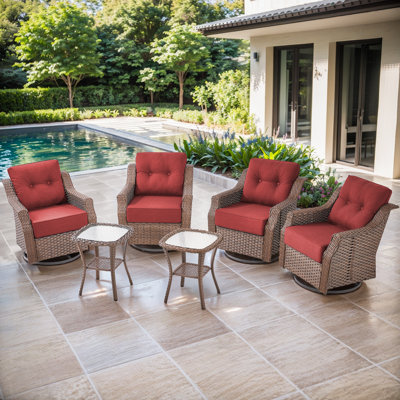 Acton Wicker / Rattan 4 - Person Outdoor Seating Group With Swivel & Glider Chairs And Glass-Top Side Table And Cushions
