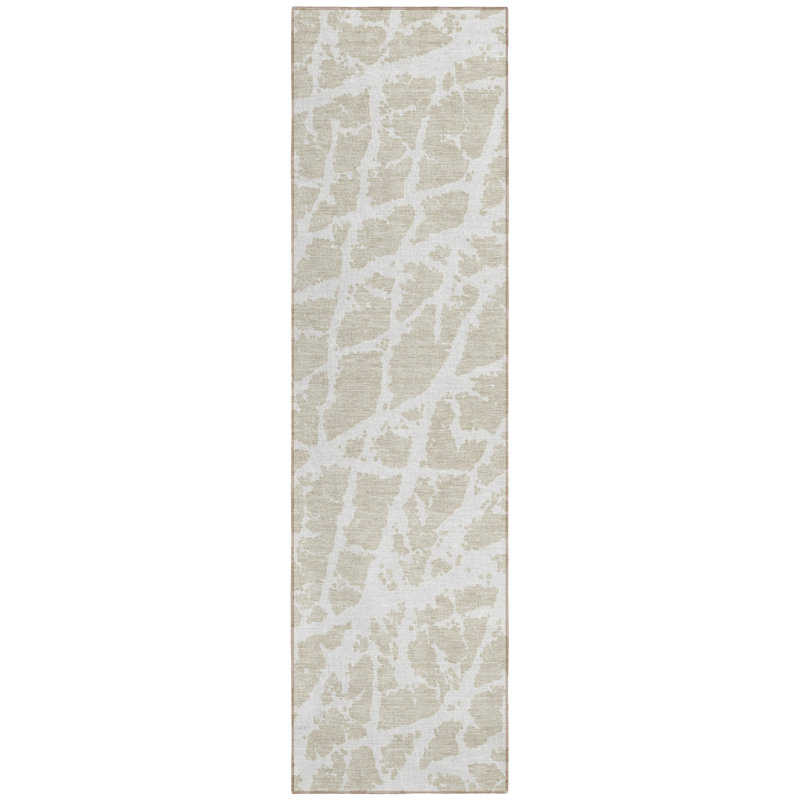 8' Runner Beige and Ivory Abstract Washable Non Skid Indoor Outdoor Runner Rug