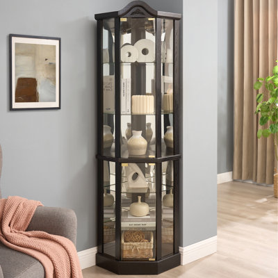 Vitrine spacieuse avec tablettes réglables en verre trempé, sculpture florale arquée, encastré 4 W, pour le bureau, décoration cerise noire,