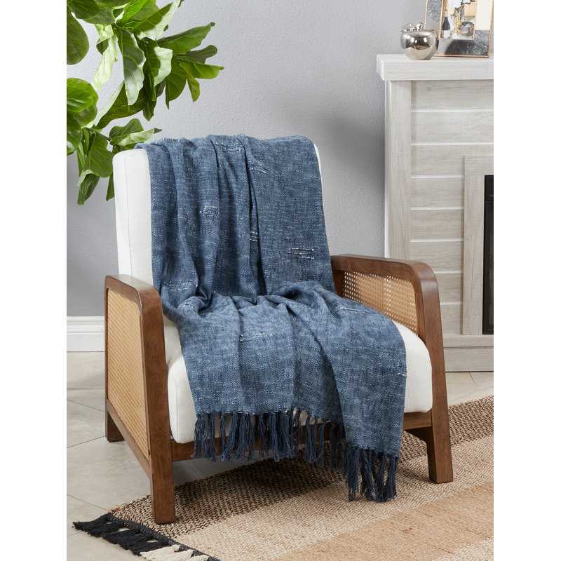 Navy Blue Cotton Cooling Throw Blanket with Fringe